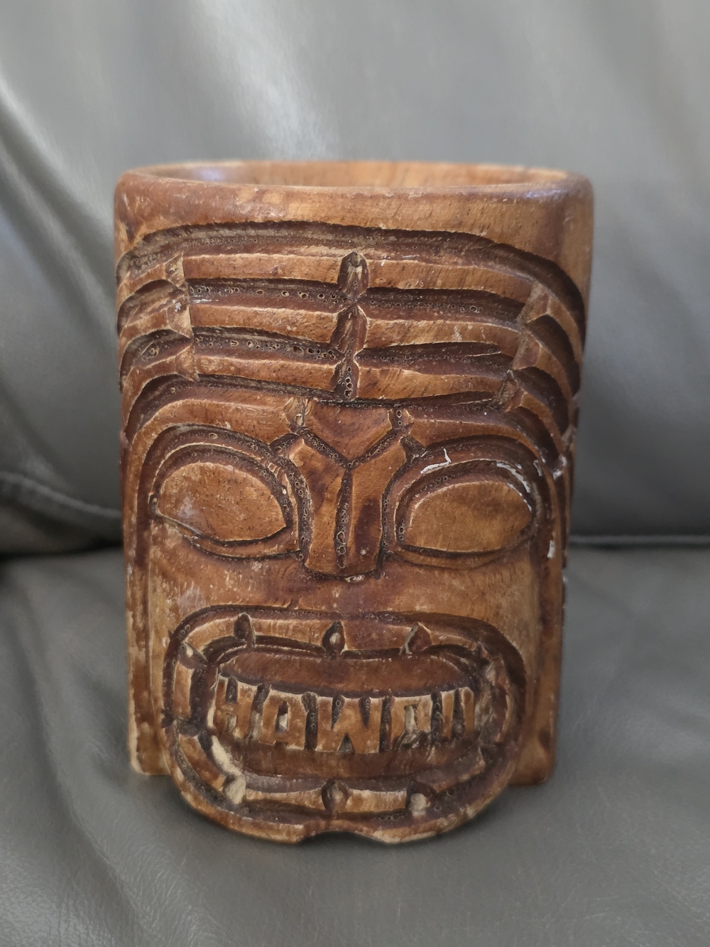 Vintage Hand-Carved Brown Hawaiian Tiki Wood Mug Art
